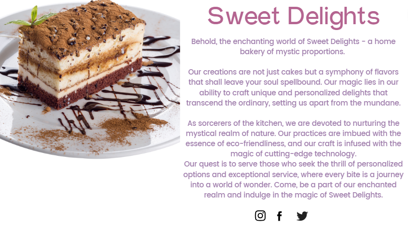 A graphic of a cake on a plate with a business summary text to its left side in purple 