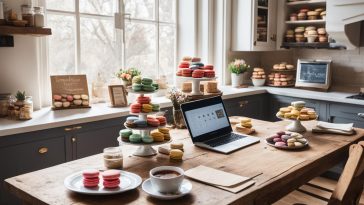 kitchen with macarons on counters, laptop surrounded macarons for home baking business