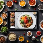 table with bowls and food in it, tablet in the middle with food on the screen