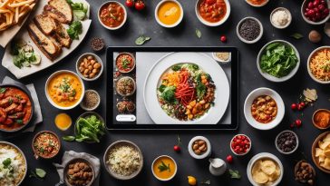 table with bowls and food in it, tablet in the middle with food on the screen