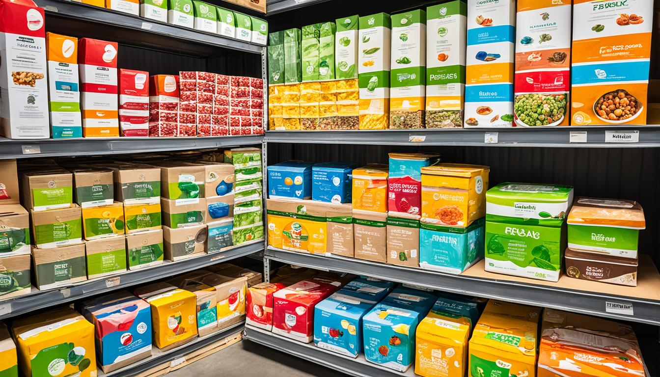 grocery shelves, on it different food package. Home food business 