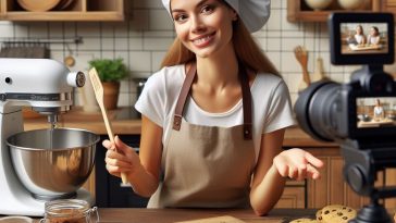woman baking and filming herself for a social media. Home-based food business